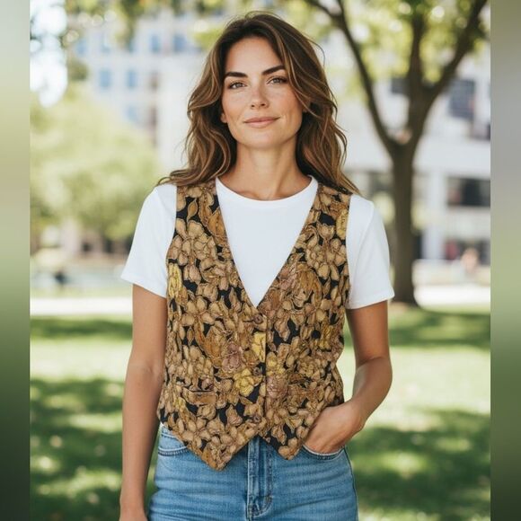 Gueth Manley Jackets & Blazers - Black and Gold Sleeveless Buttoned Top with V-Neckline